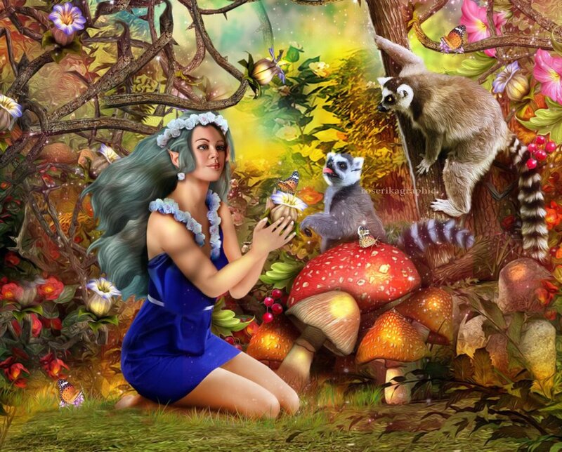 Elf Woman with Raccoons
