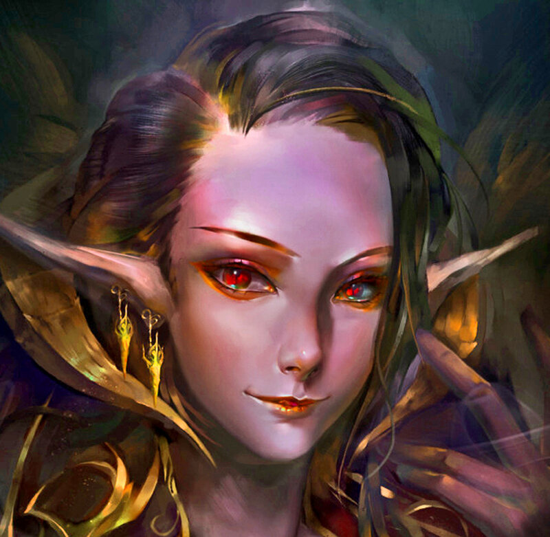 Elf Woman with Red Eyes — Purple, Dramatic, Digital Art