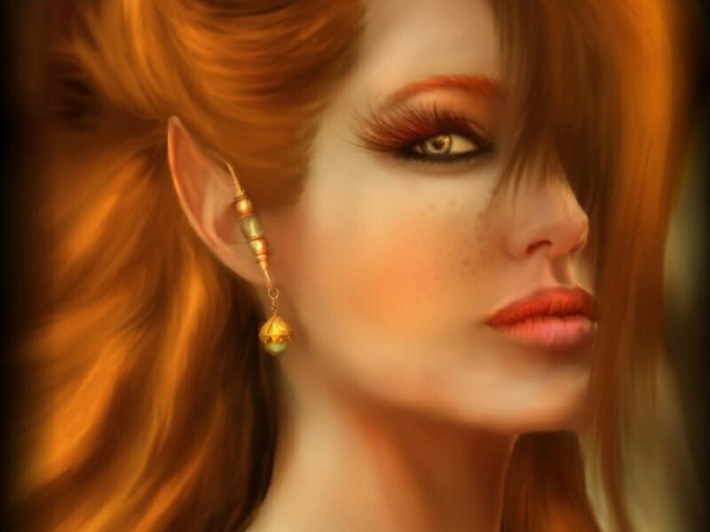 Elf Woman with Red Hair — Dramatic, Digital Art, Earring