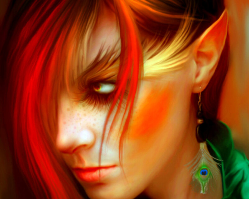 Elf Woman with Red Hair — Dramatic, Digital Art, Peacock Feather Earring