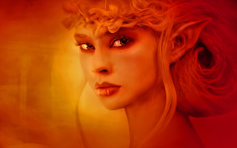 Elf Woman with Red Hair — Dramatic, Digital Art, Pointed Ears, Braided Crown