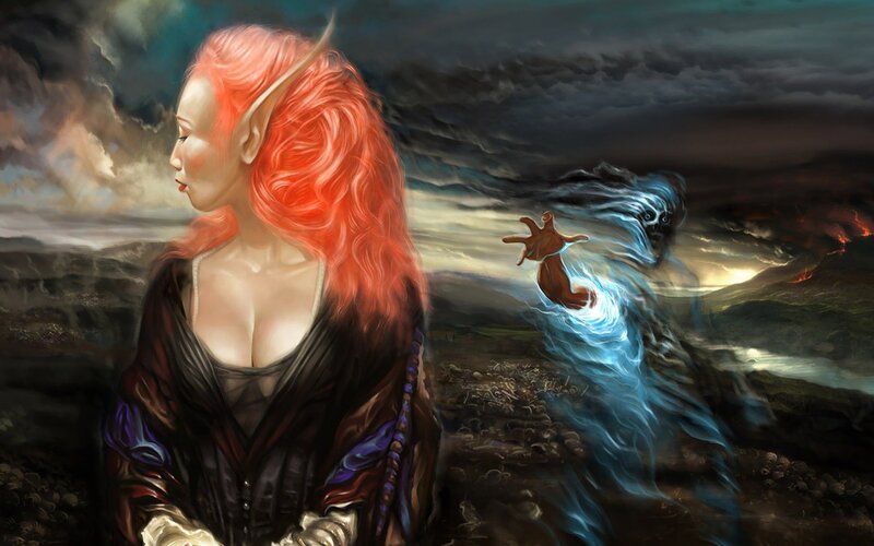 Elf Woman with Red Hair — Dramatic, Night, Digital Art, Ghost