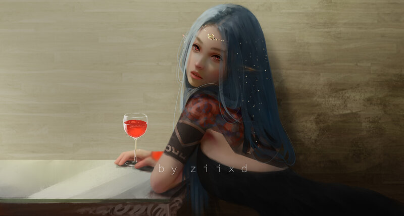 Elf Woman with Red Wine
