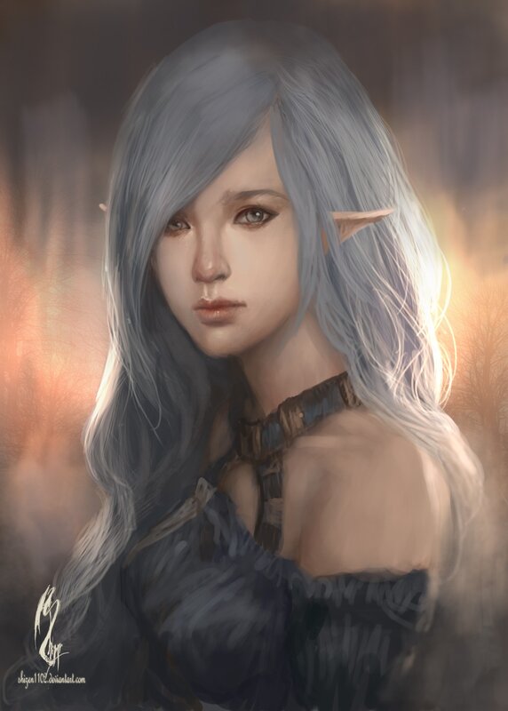 Elf Woman with Silver Hair — Gray, Dramatic, Sunset