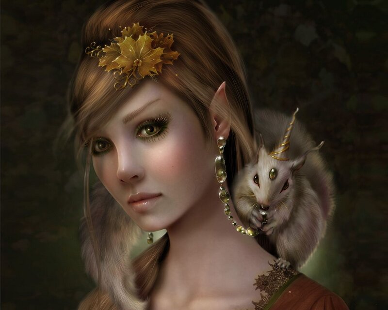 Elf Woman with Squirrel — Brown, Serene