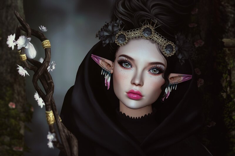 Elf Woman with Staff — Black, Dramatic