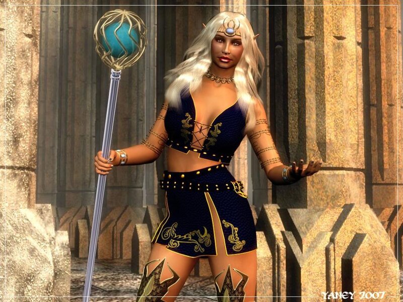 Elf Woman with Staff — Blue, Dramatic, 3d Render, Castle