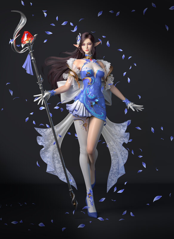 Elf Woman with Staff — Blue, Dramatic, 3d Render