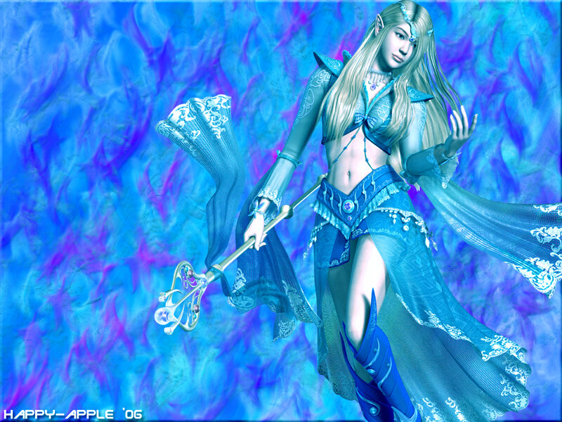 Elf Woman with Staff — Blue, Dramatic, Digital Art, Dress