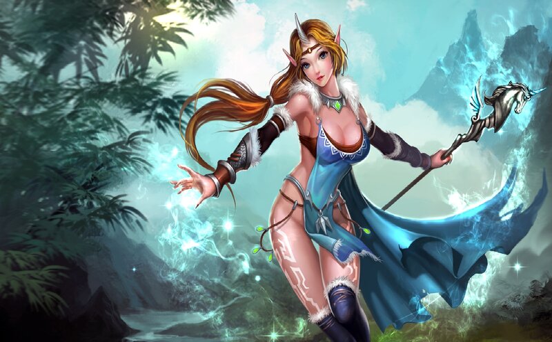 Elf Woman with Staff — Blue, Dramatic, Digital Art, Forest