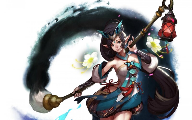 Elf Woman with Staff — Blue, Dramatic, Digital Art, Lantern