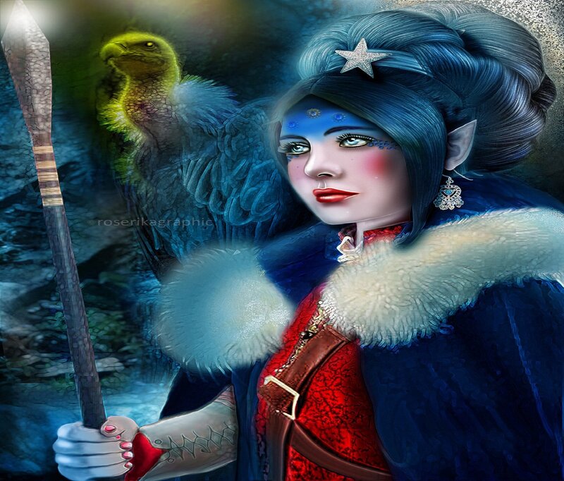 Elf Woman with Staff — Blue, Dramatic, Night, Digital Art, Bird