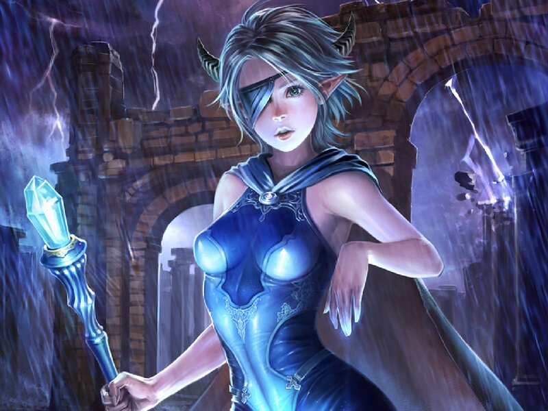 Elf Woman with Staff — Blue, Dramatic, Night, Digital Art, Castle