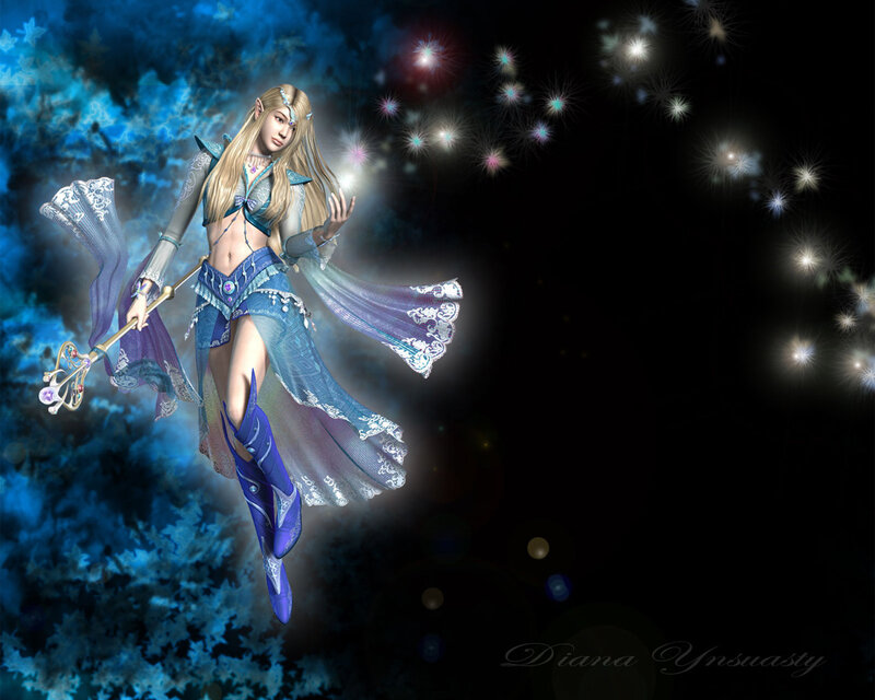 Elf Woman with Staff — Blue, Dramatic, Night, Digital Art, Stars