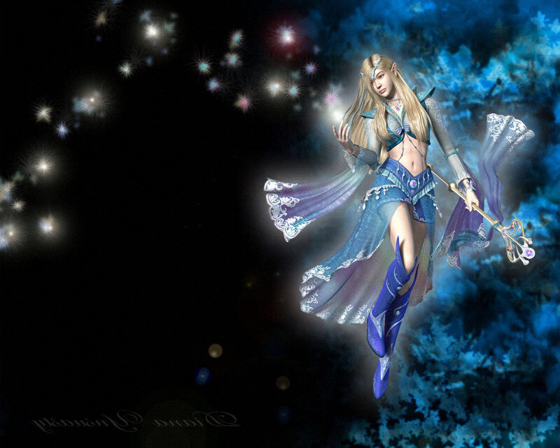 Elf Woman with Staff — Blue, Dramatic, Night