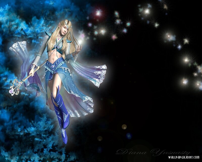 Elf Woman with Staff — Blue, Fantasy, Night