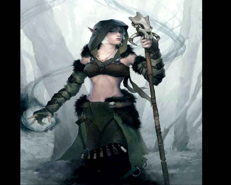 Elf Woman with Staff — Green, Dramatic, Digital Art, Skull