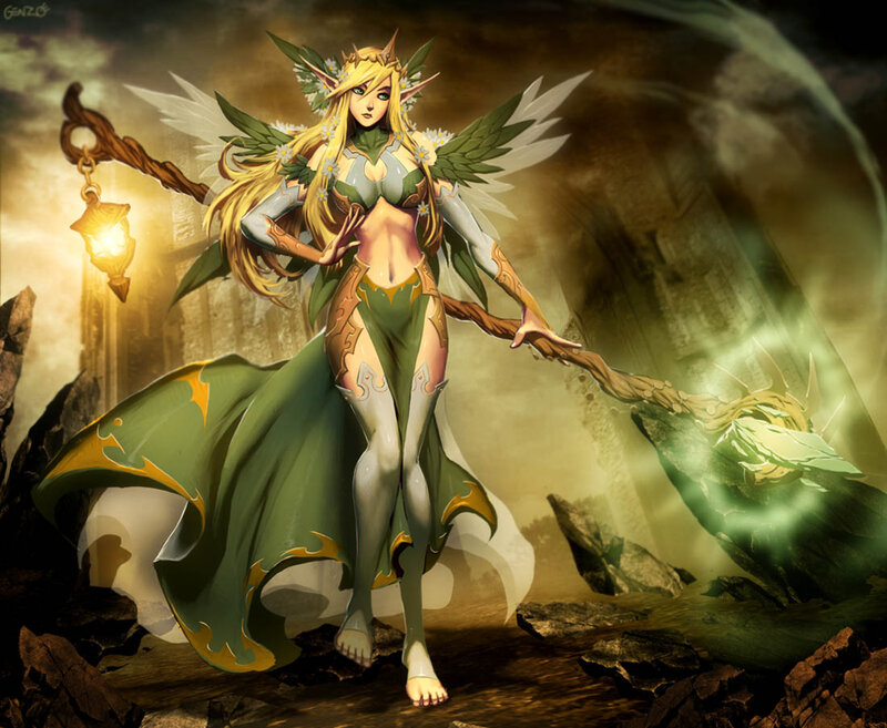 Elf Woman with Staff — Green, Dramatic, Digital Art