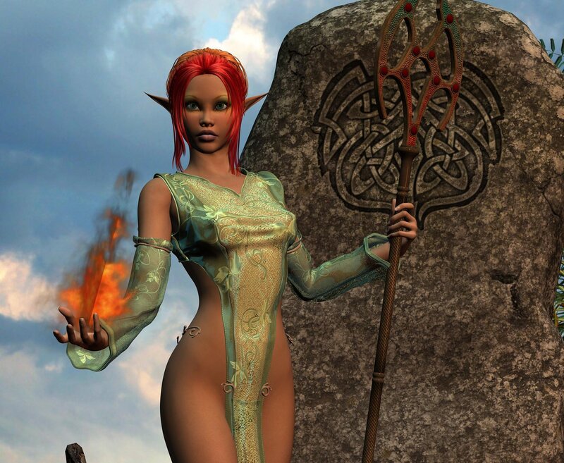 Elf Woman with Staff — Green, Dramatic