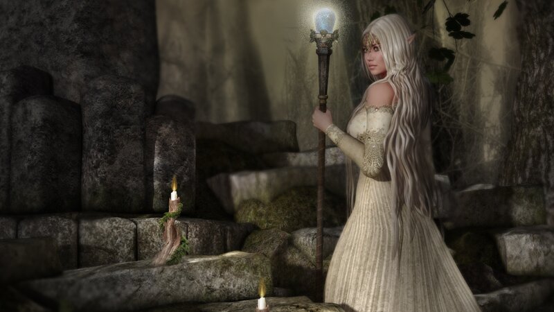 elf woman with staff in cave