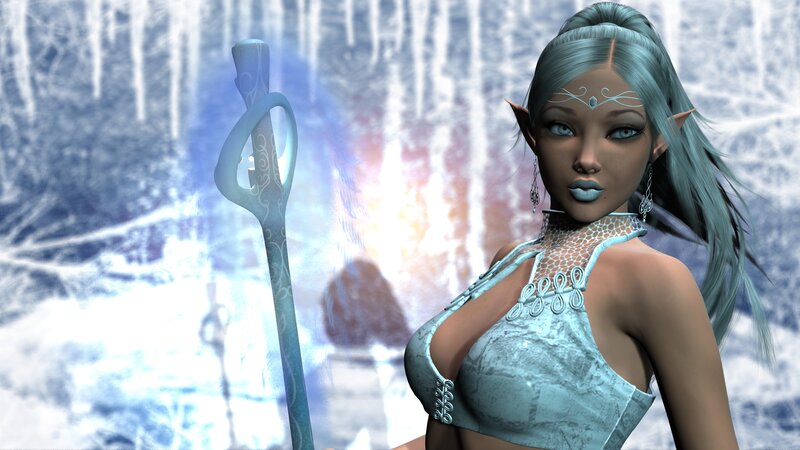 elf woman with staff in ice cave
