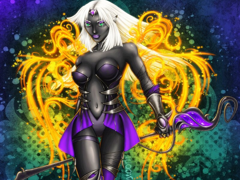 Elf Woman with Staff — Purple, Dramatic, Digital Art, Fire