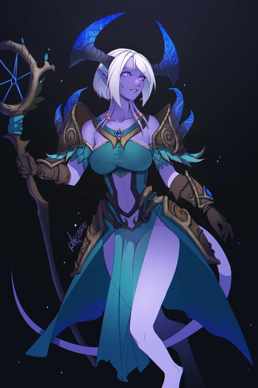 Elf Woman with Staff — Purple, Dramatic, Night, Digital Art, Horns