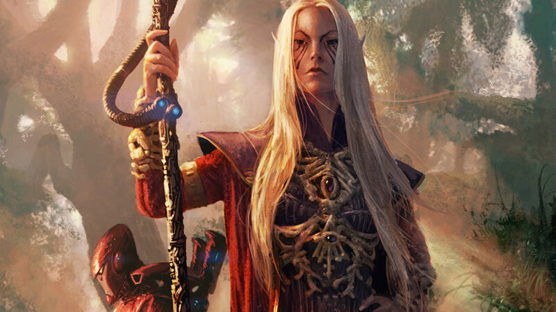 Elf Woman with Staff — Red, Dramatic, Afternoon