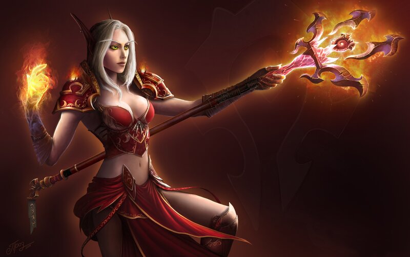 Elf Woman with Staff — Red, Dramatic, Digital Art, Fire