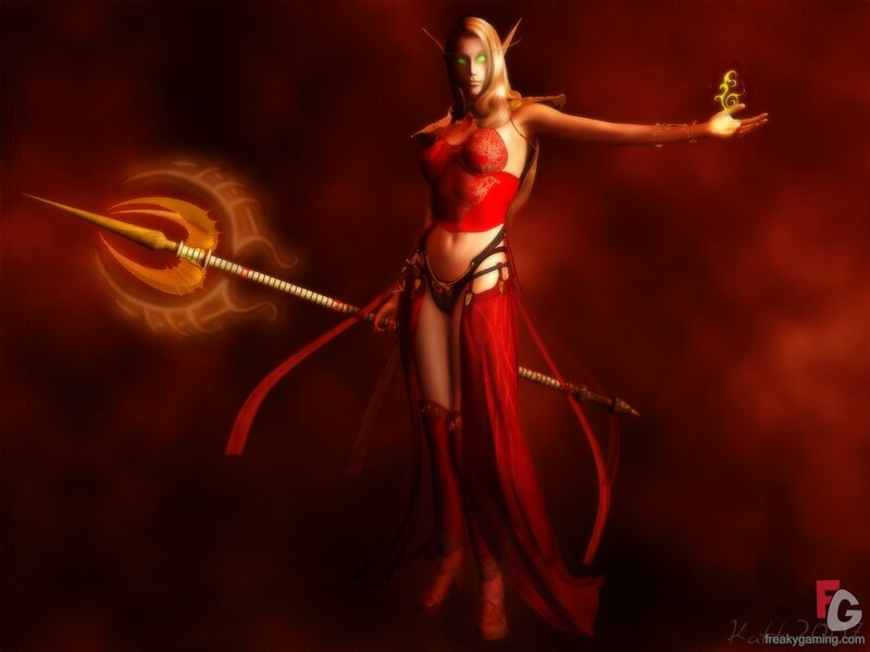 Elf Woman with Staff — Red, Dramatic, Digital Art, Magic