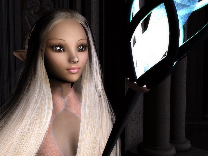Elf Woman with Staff — White, Dramatic