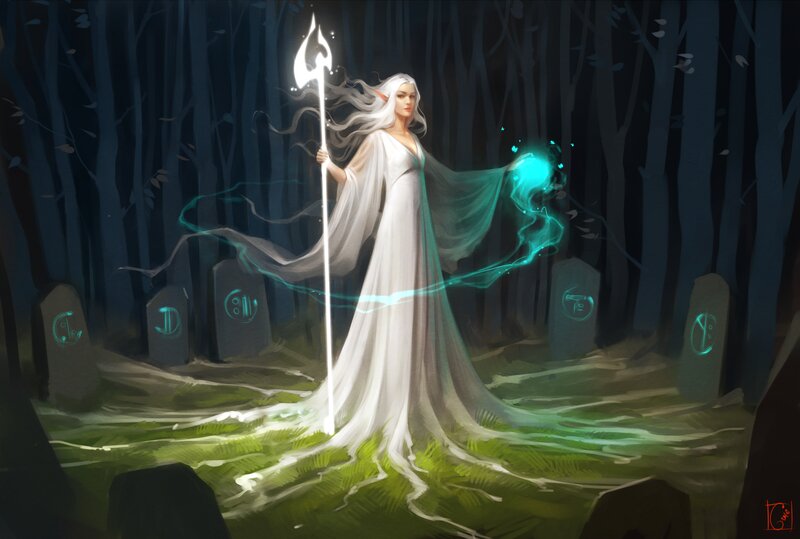 Elf Woman with Staff — White, Mystical