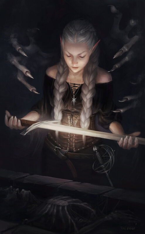 Elf Woman with Sword — Black, Dramatic, Night