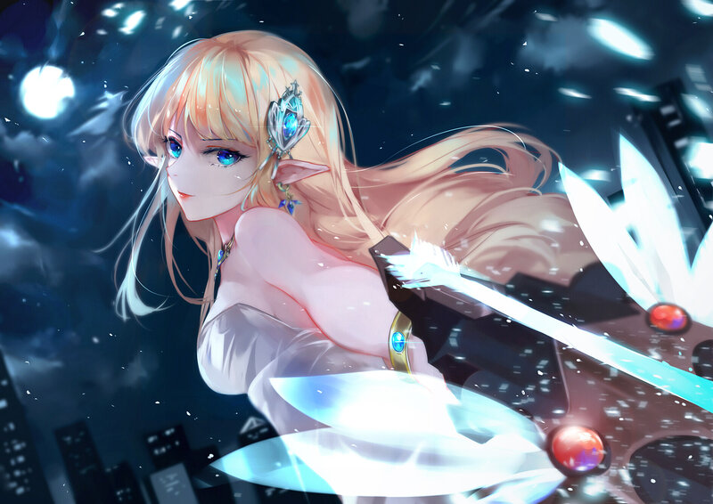 Elf Woman with Sword — Blue, Dramatic, Night, Digital Art