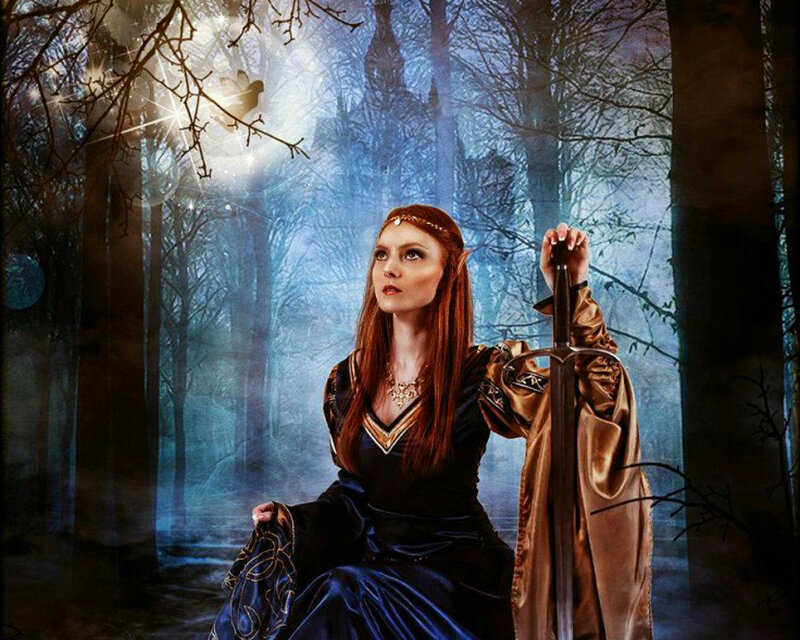 Elf Woman with Sword — Blue, Dramatic, Night