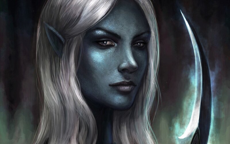 Elf Woman with Sword — Blue, Dramatic