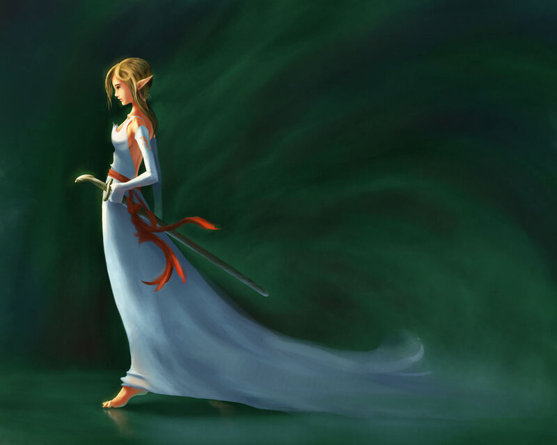 Elf Woman with Sword — Green, Dramatic, Digital Art