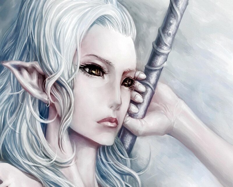 Elf Woman with Sword — White, Serene