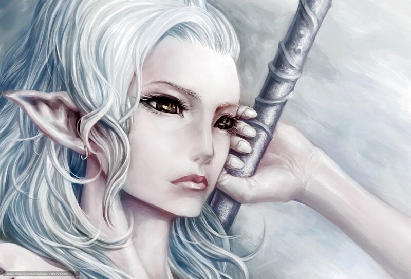 Elf Woman with Sword — White, Serious