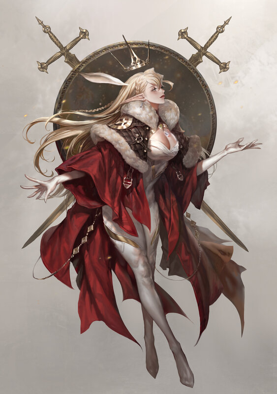 Elf Woman with Swords — Red, Dramatic
