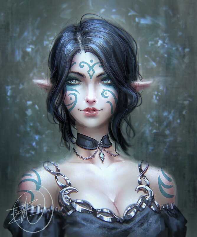 Elf Woman with Tattoos — Black, Dramatic, Digital Art