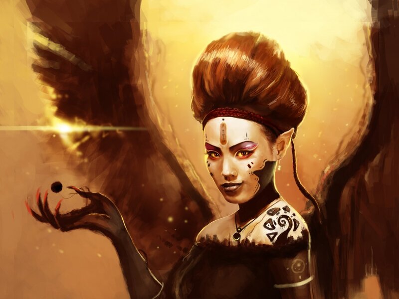 Elf Woman with Tattoos — Brown, Dramatic, Digital Art