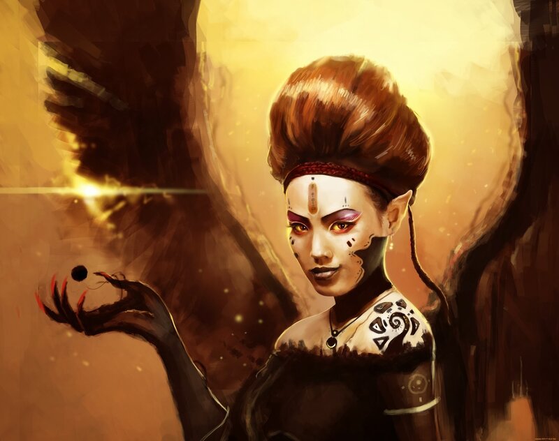 Elf Woman with Tattoos — Brown, Dramatic, Digital Art, Wings