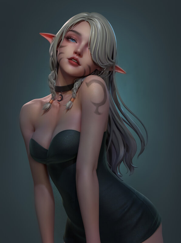 Elf Woman with Tattoos — Gray