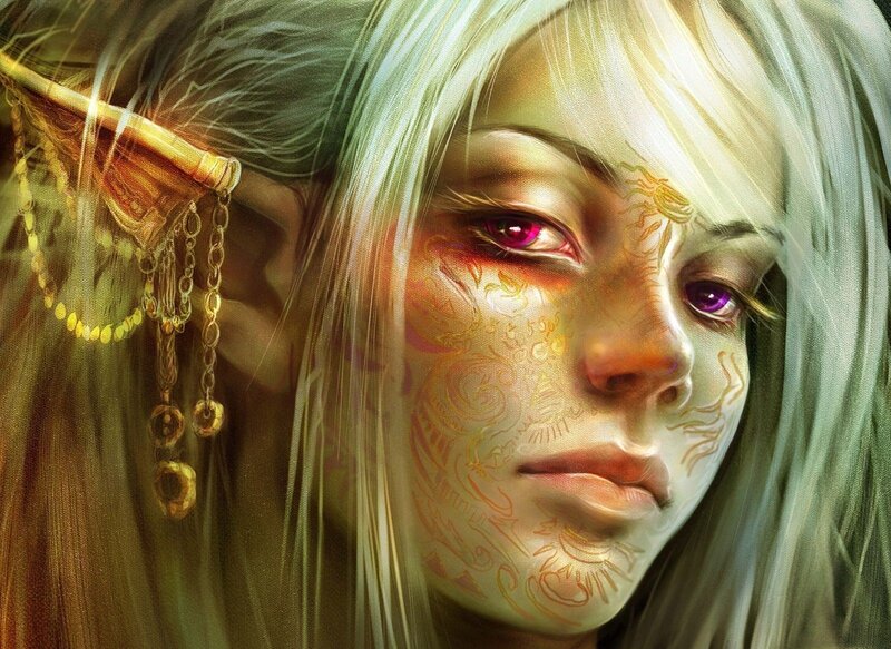 Elf Woman with Tattoos — White, Dramatic, Digital Art, Earrings
