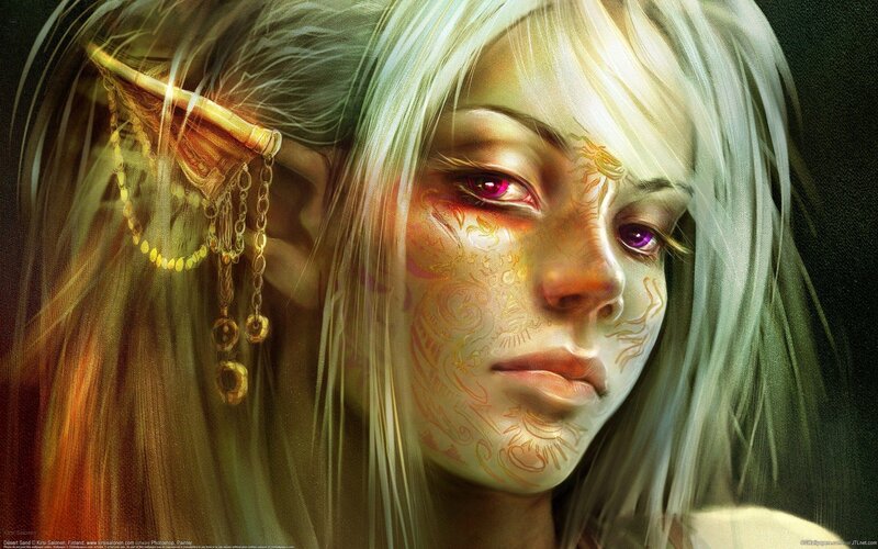 Elf Woman with Tattoos — White, Dramatic, Digital Art
