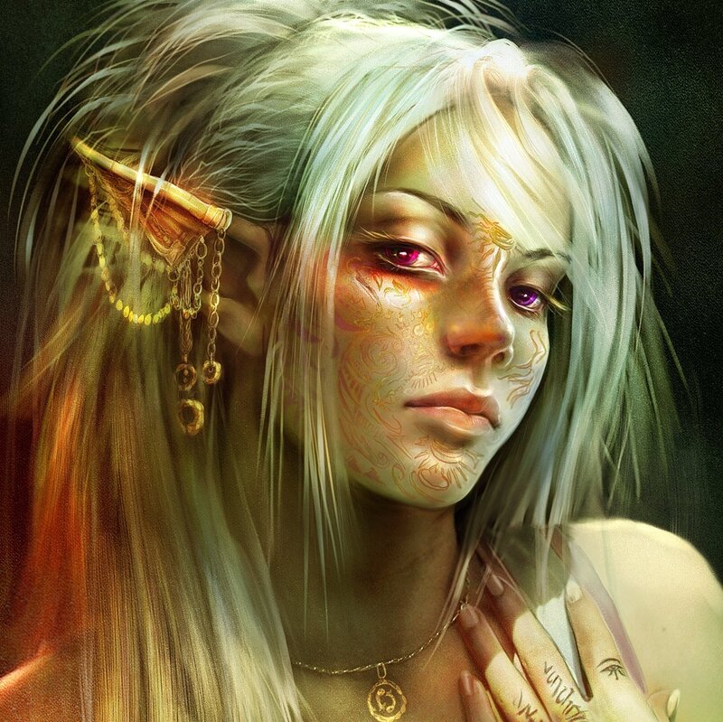 Elf Woman with Tattoos — White, Dramatic