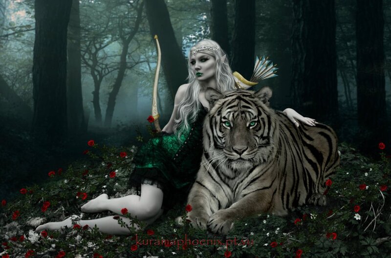 Elf Woman with Tiger — Green
