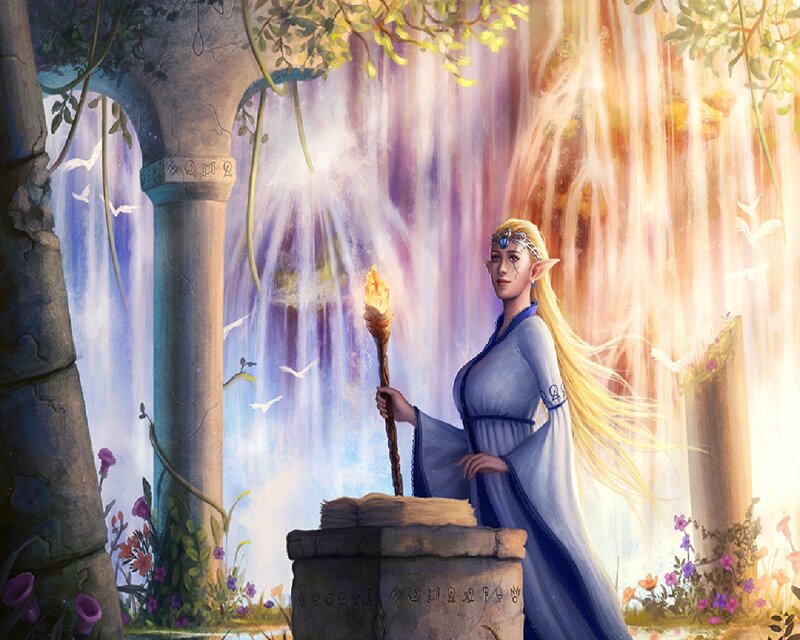 Elf Woman with Torch — Blue, Serene