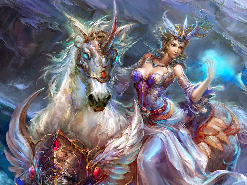 Elf Woman with Unicorn — Blue